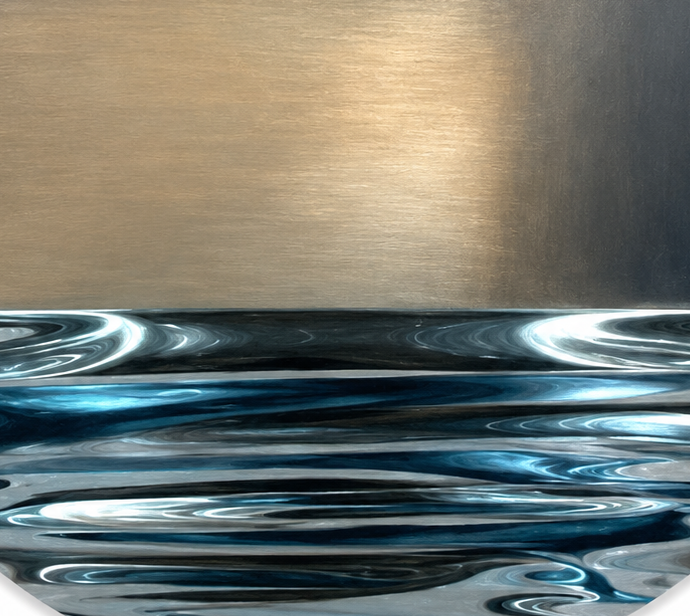 Luminous Tides, a circular artwork in glowing gold, grey and blue