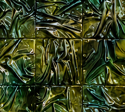 Verdant Collision, a dynamic abstract artwork in layered greens, blues and golden tones