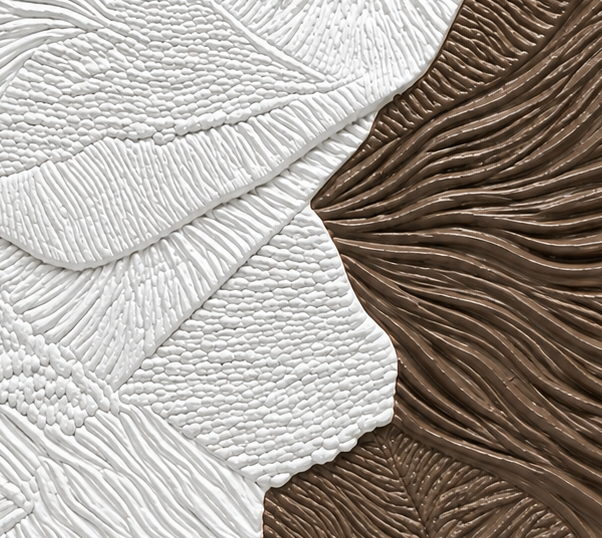 Earthline, a sculptural composition divided between cool stone grey and grounded brown