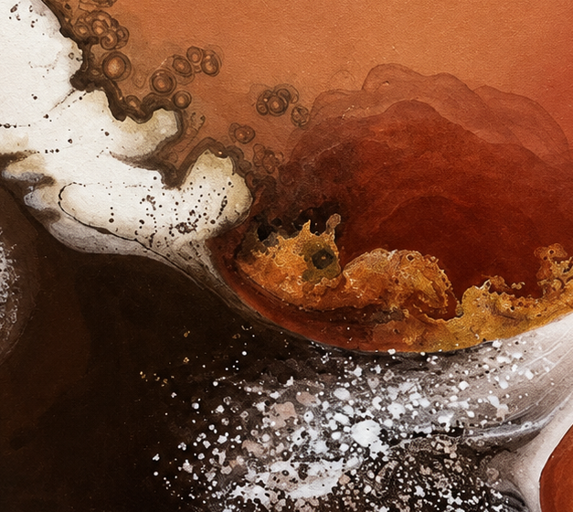 Terra Bloom, a circular earth-inspired composition in rust, ivory and charcoal