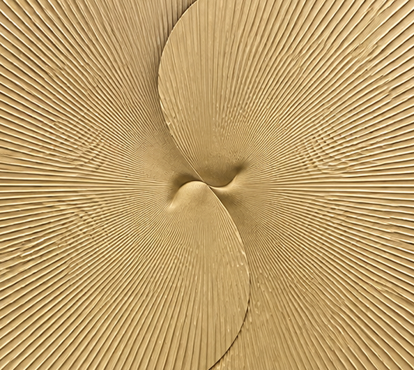 Golden Eclipse, two radiant gold discs meeting against a deep black ground