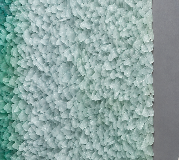 Sea Glass Horizon, a circular sea-glass artwork in soft green tones