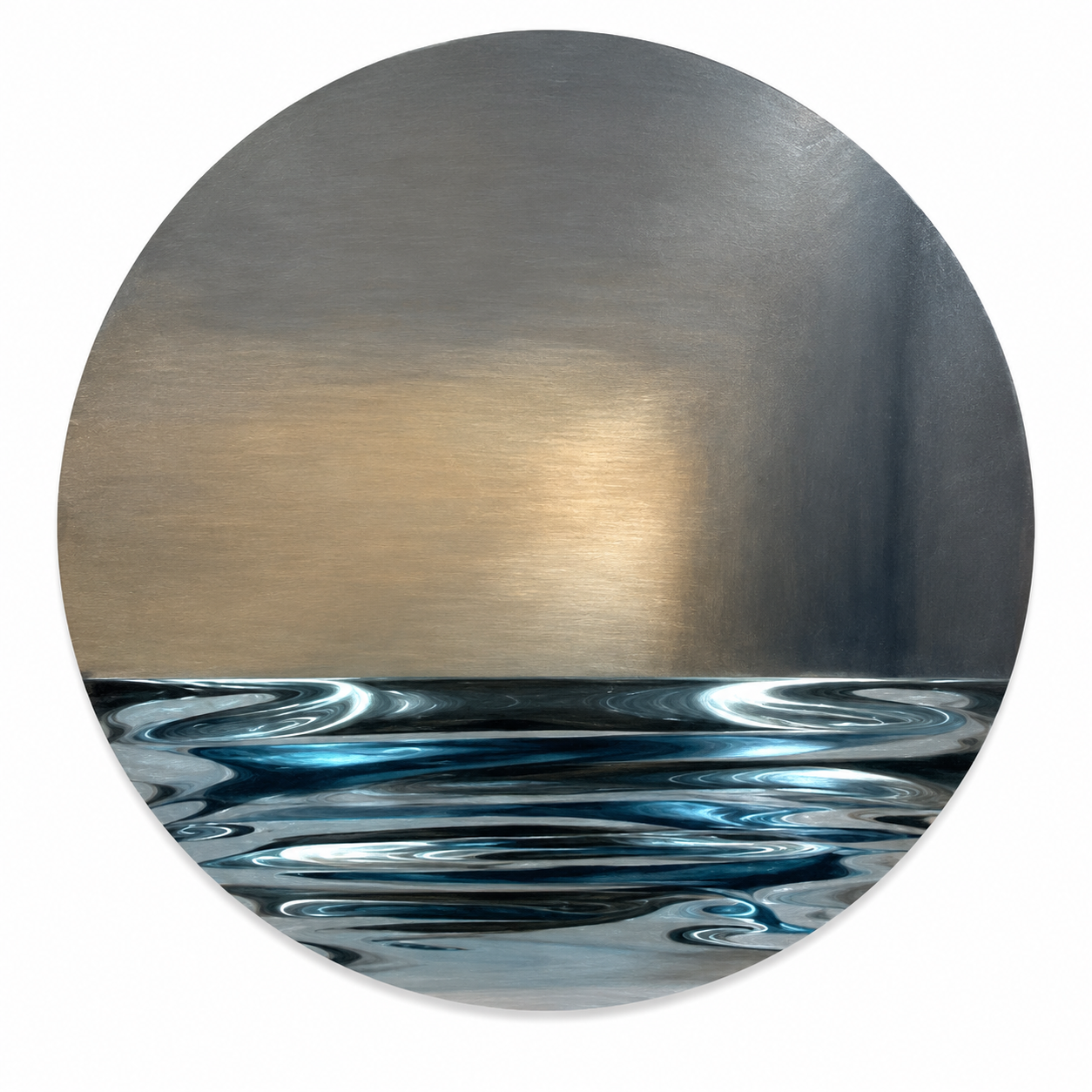 Luminous Tides, a circular artwork in glowing gold, grey and blue