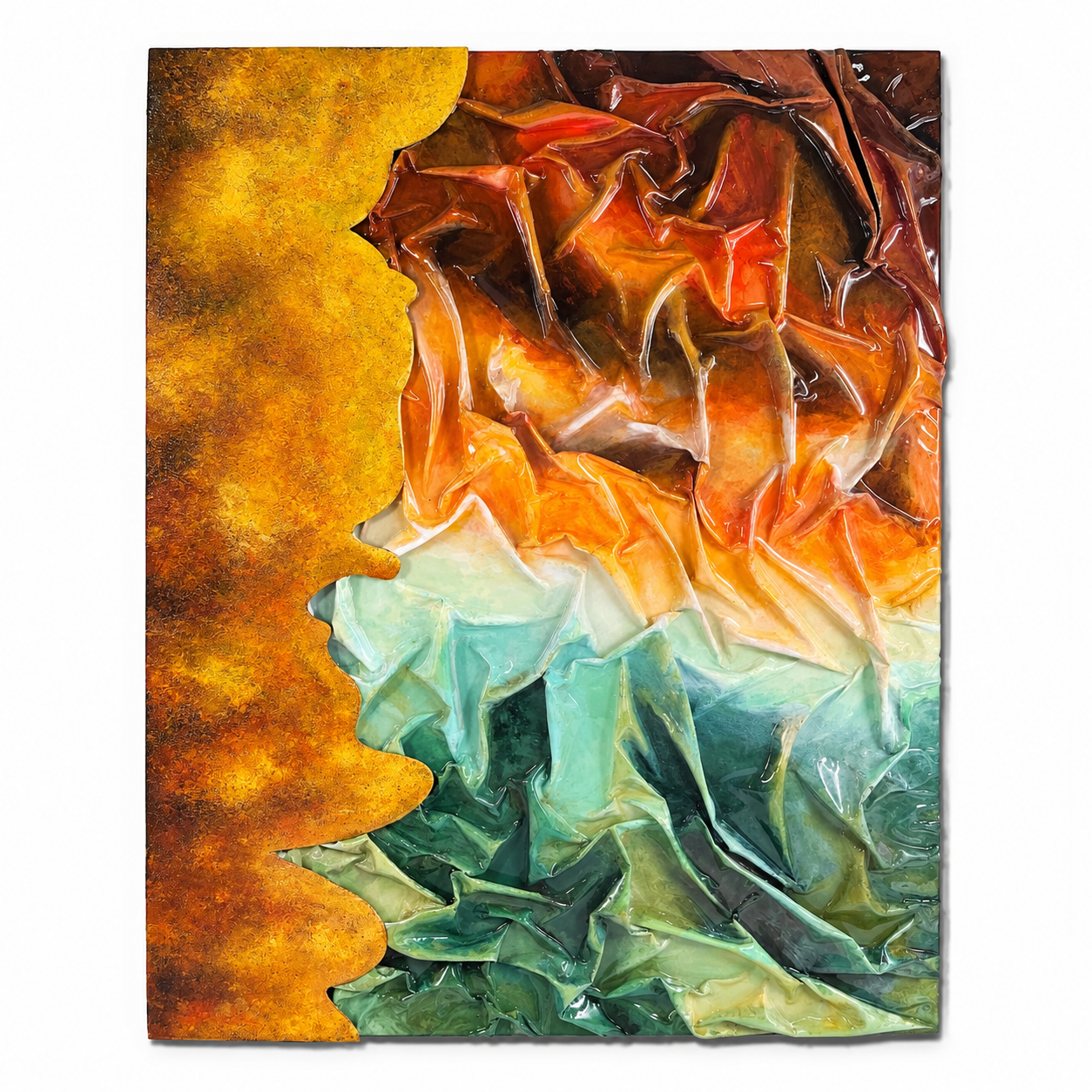 Molten Canopy, a dramatic fusion of rainforest greens and molten amber