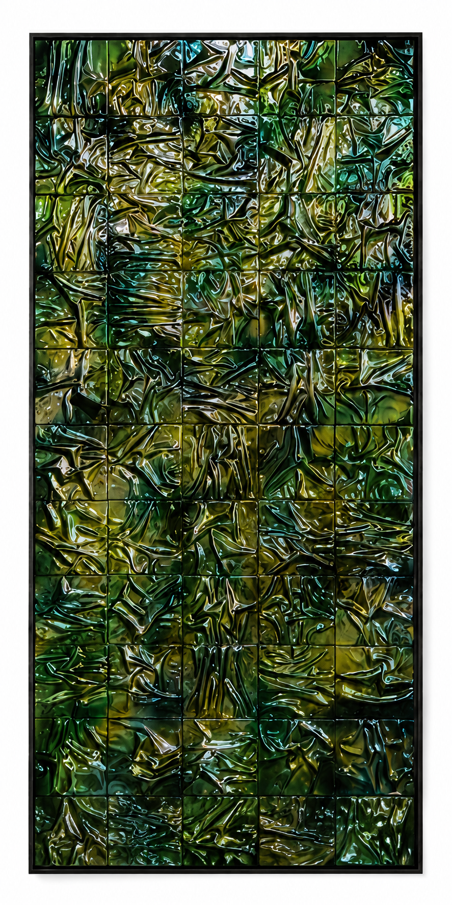 Verdant Collision, a dynamic abstract artwork in layered greens, blues and golden tones