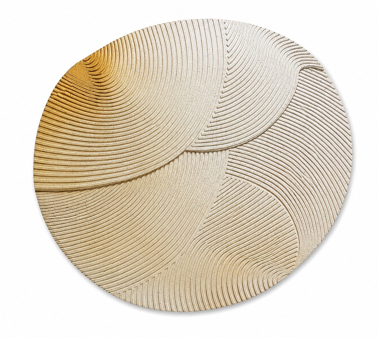 Halo Haze, a sculptural irregular artwork with flowing cream and ochre lines