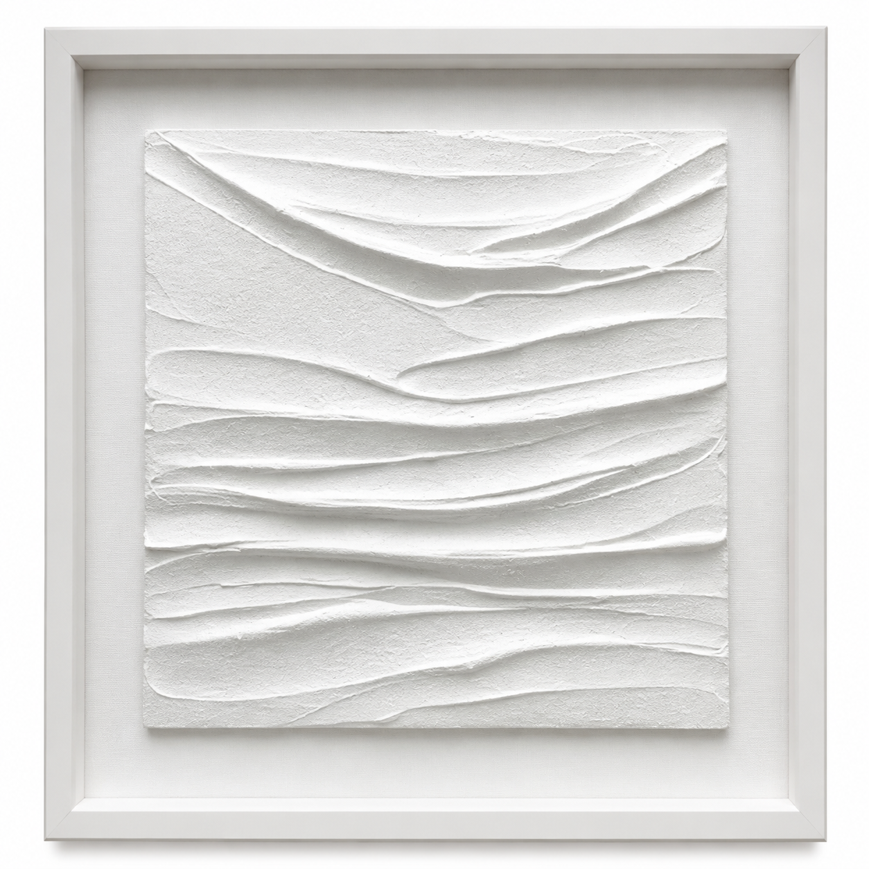 Soft Ripple, a framed white relief artwork with gentle horizontal folds