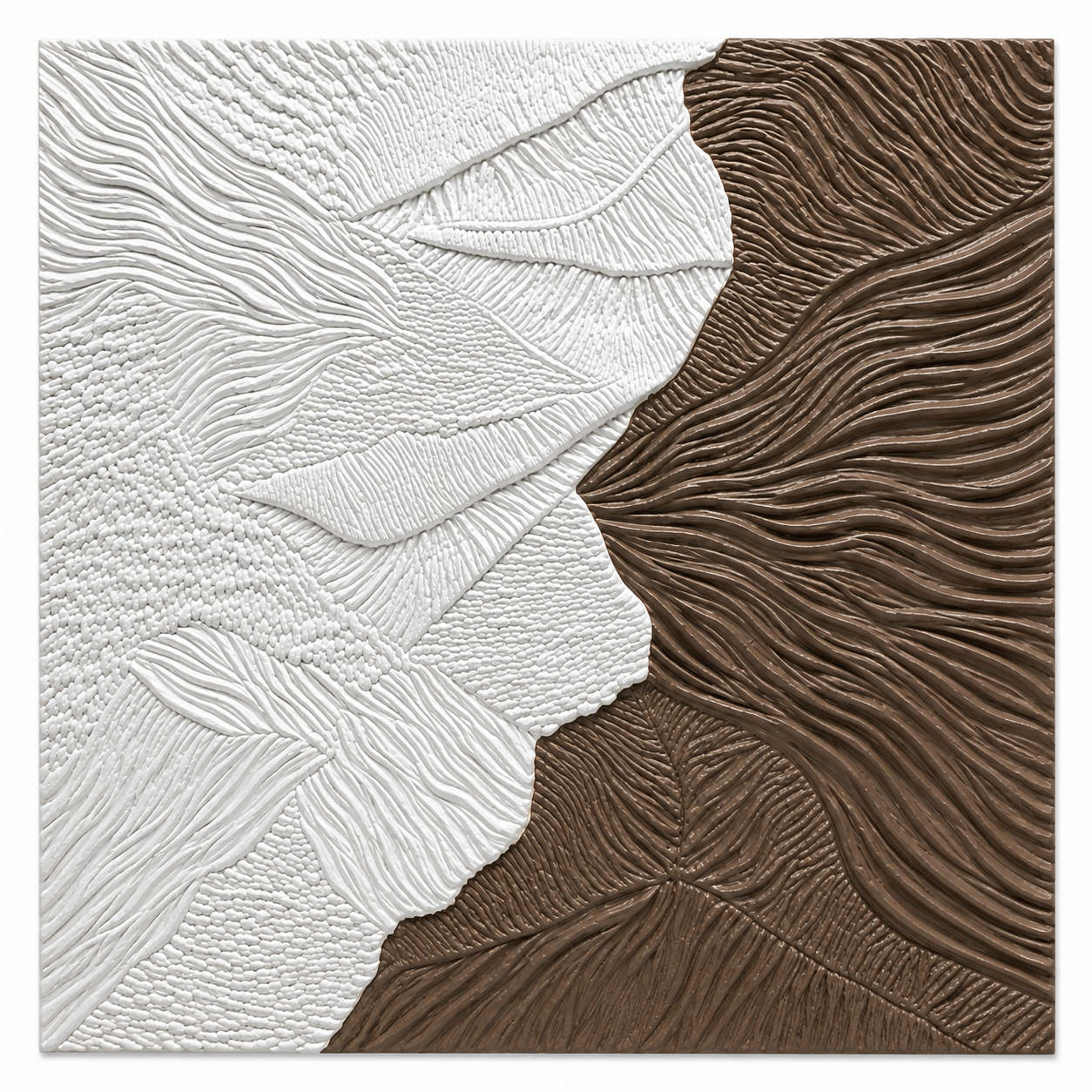 Earthline, a sculptural composition divided between cool stone grey and grounded brown