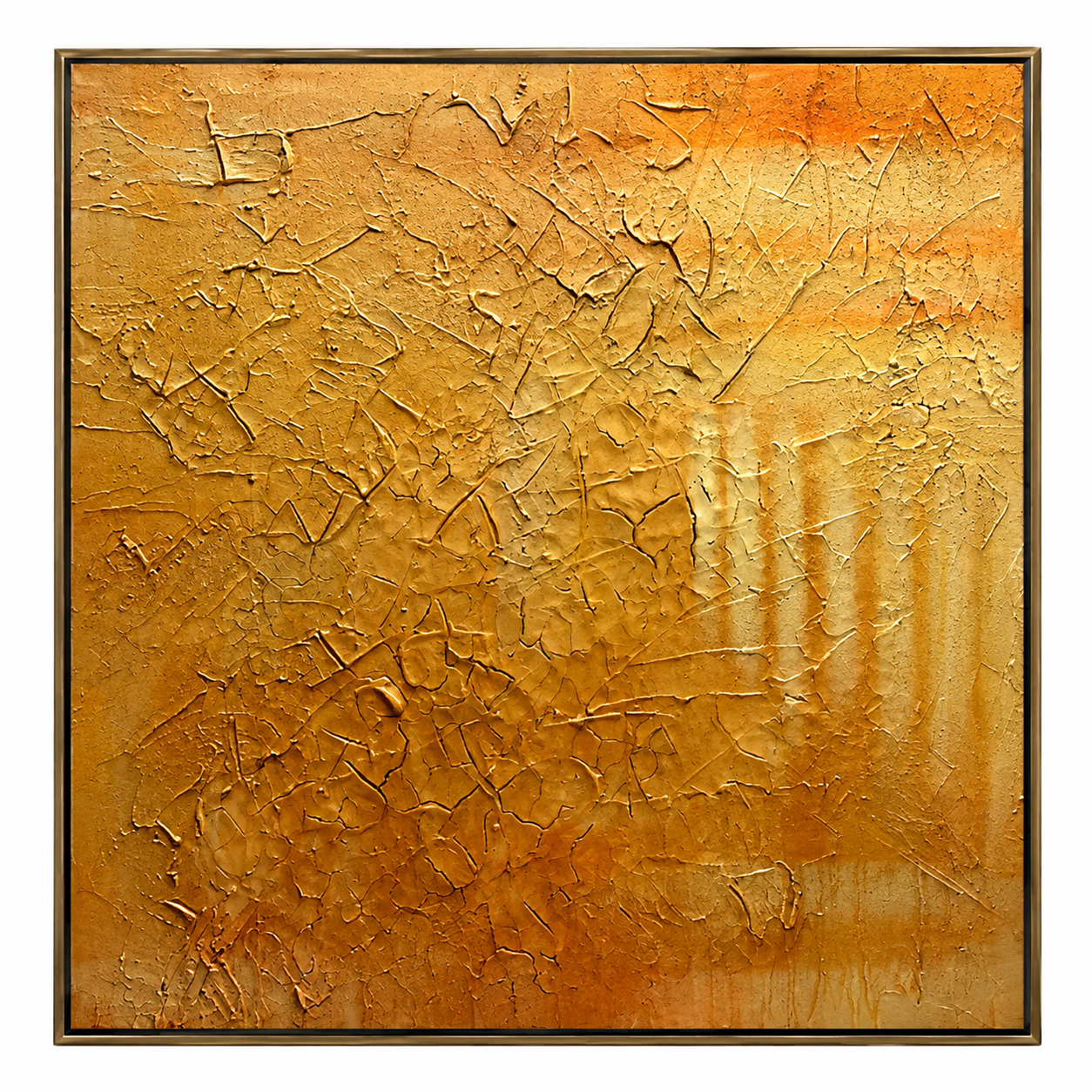Golden Terrain, a framed artwork with warm gold tones and organic texture