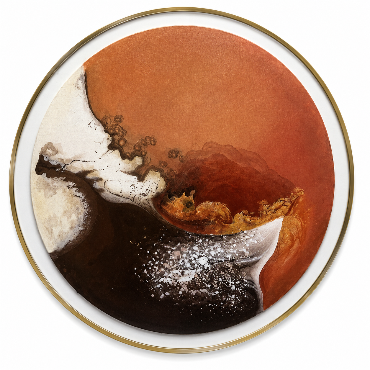 Terra Bloom, a circular earth-inspired composition in rust, ivory and charcoal