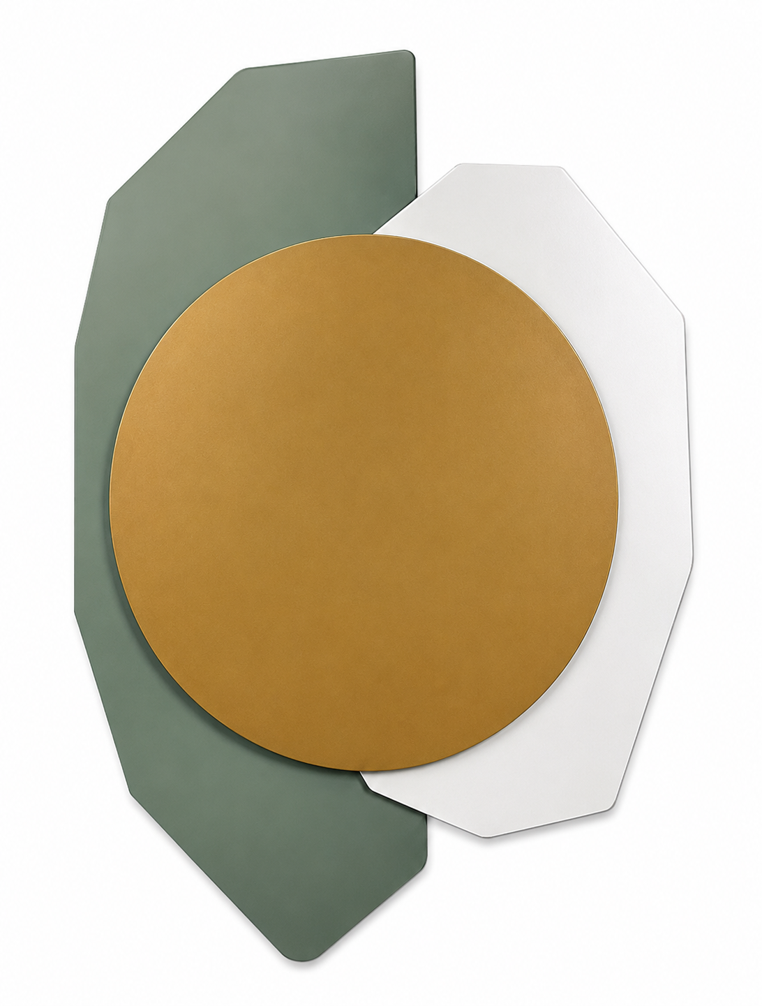 Golden Orbit, a circular gold form framed by sculpted geometric panels