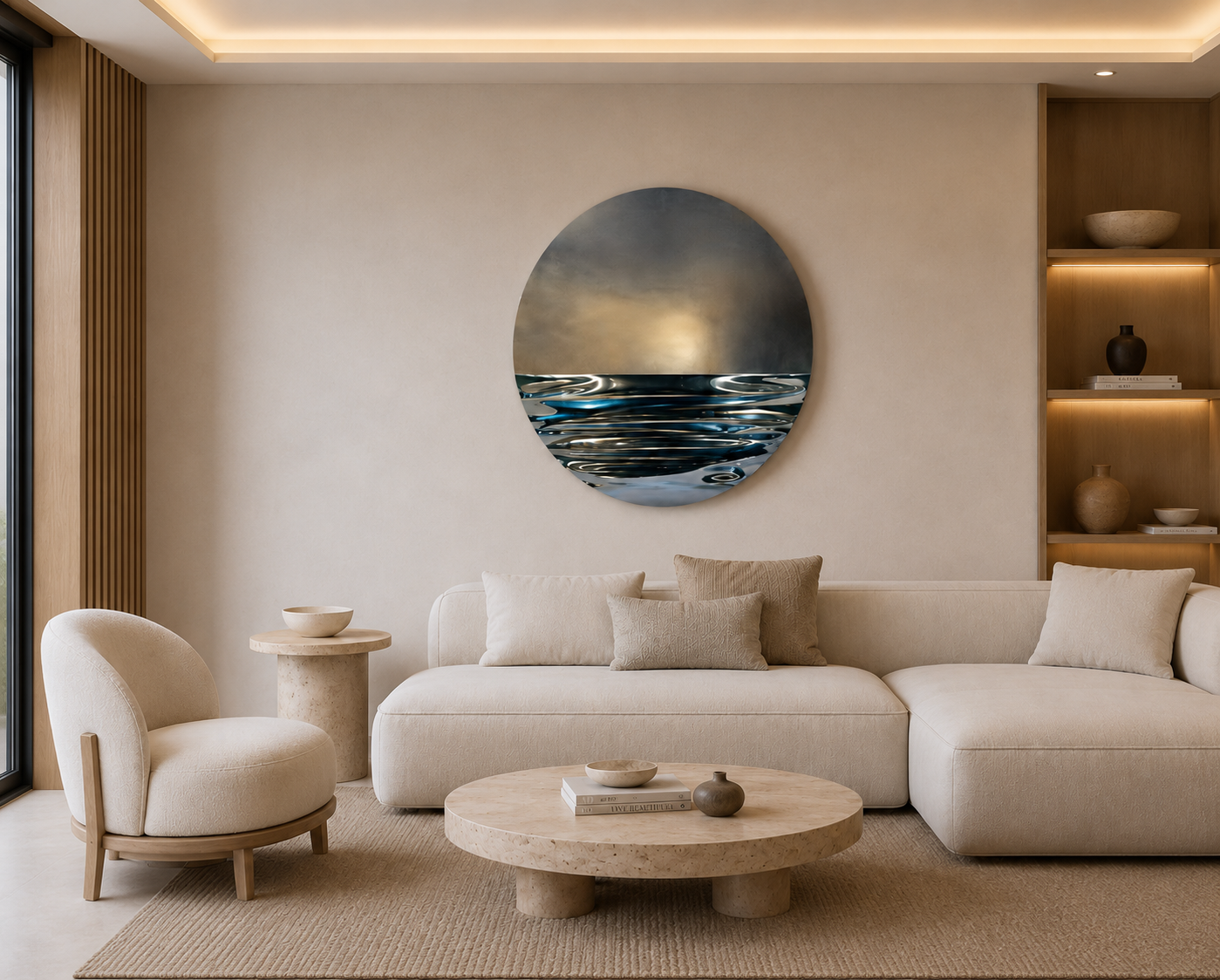 Luminous Tides, a circular artwork in glowing gold, grey and blue