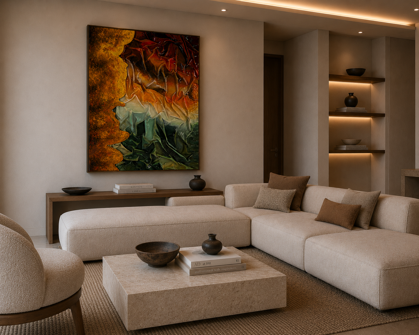 Expressive green and molten-toned sculptural artwork