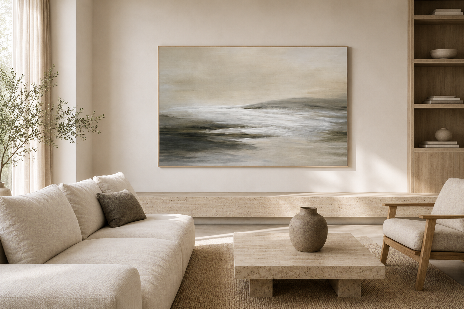 Minimal pale artwork with a soft flowing current