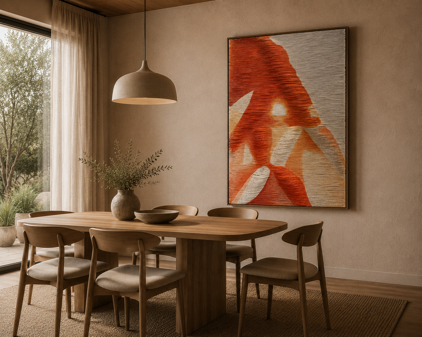 Warm vertical abstract artwork in ember and terracotta