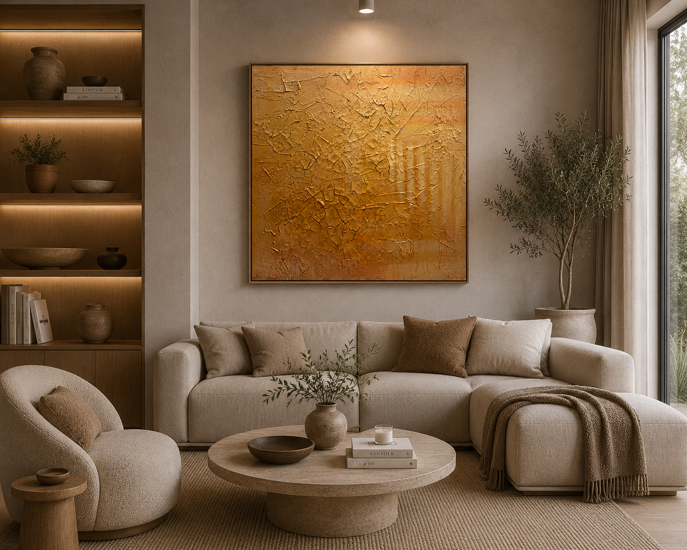 Golden Terrain, a framed artwork with warm gold tones and organic texture