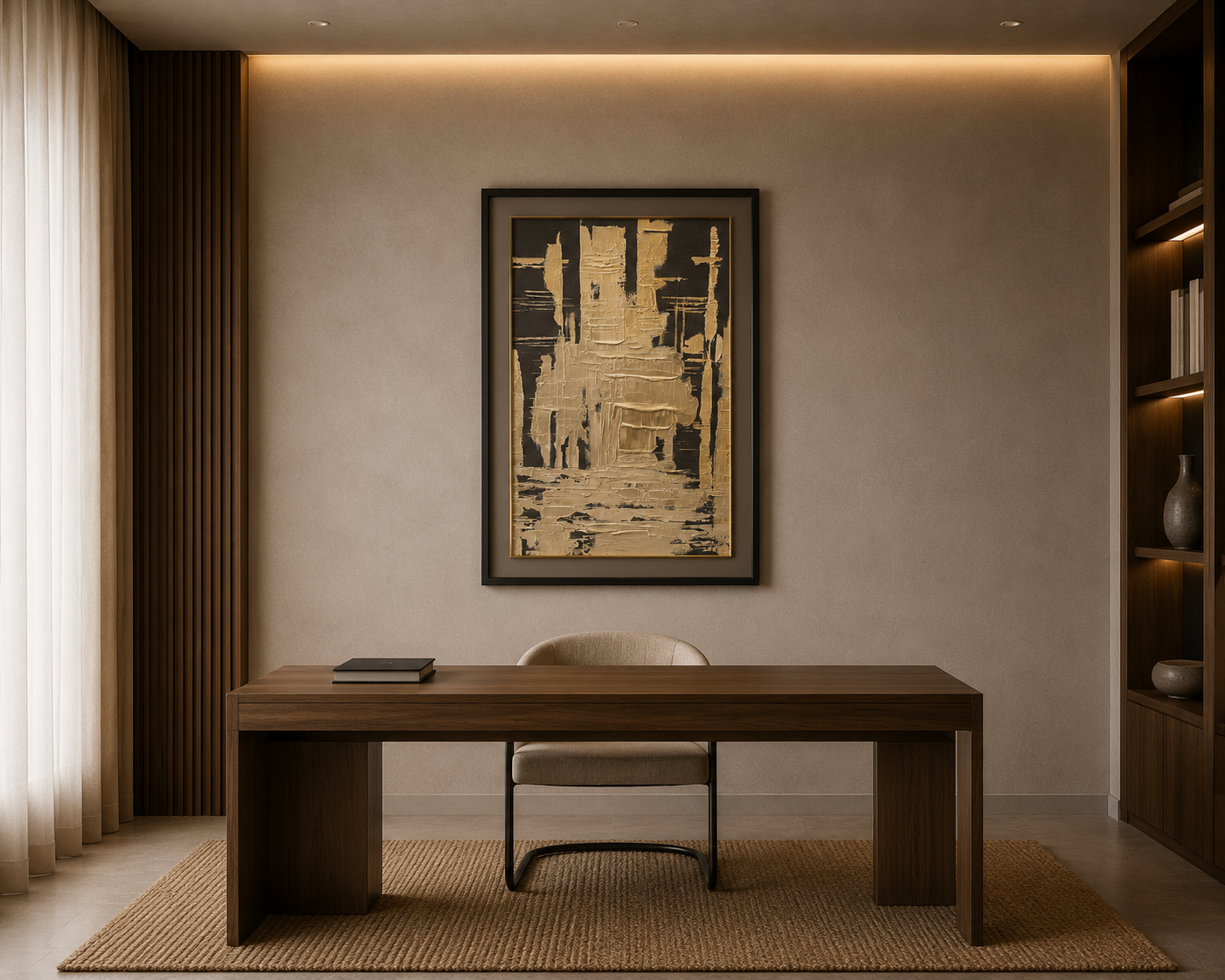 Gilded Cityscape, abstract gold and black architectural forms