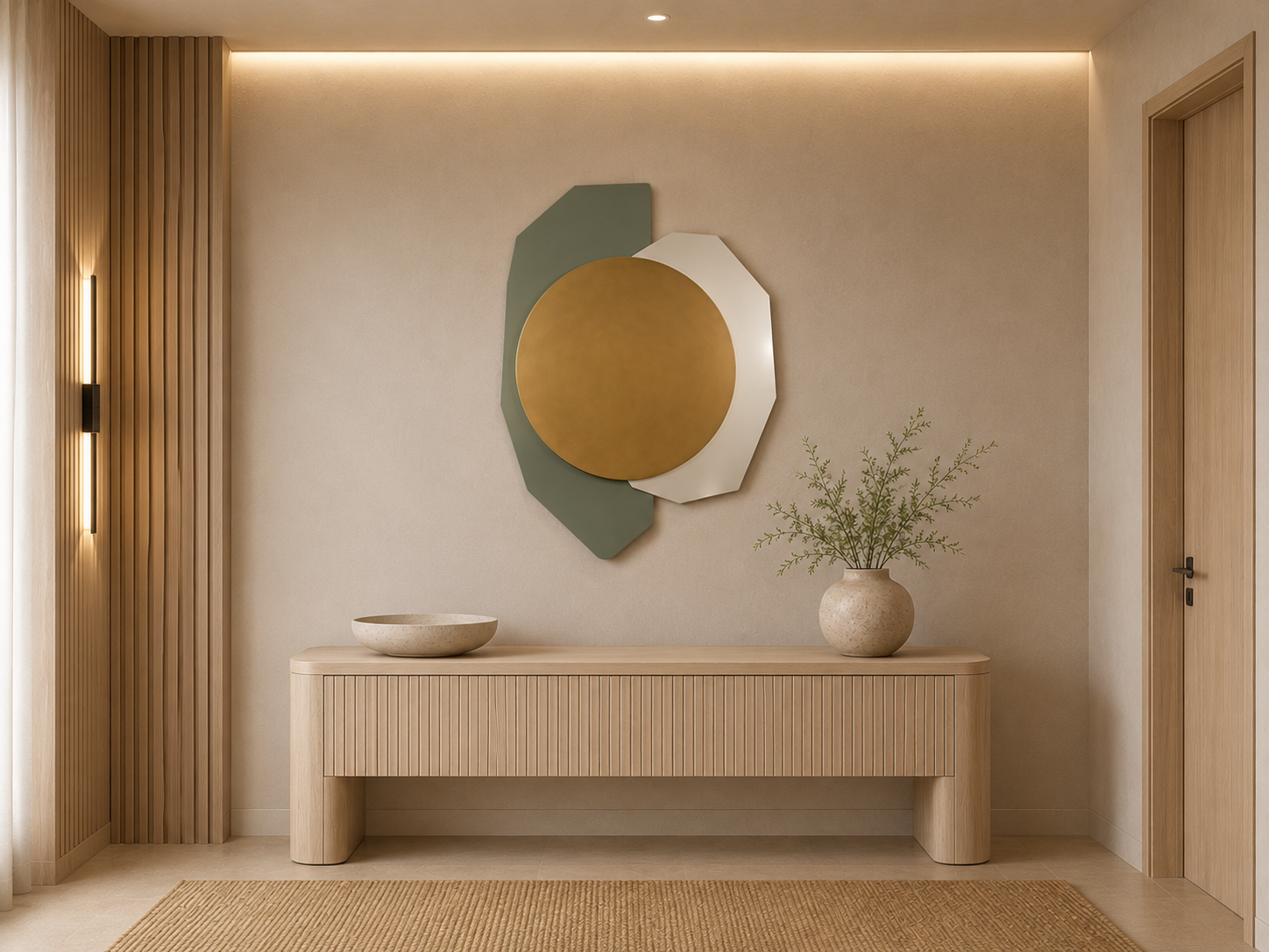 Circular sculptural artwork with warm gold accents