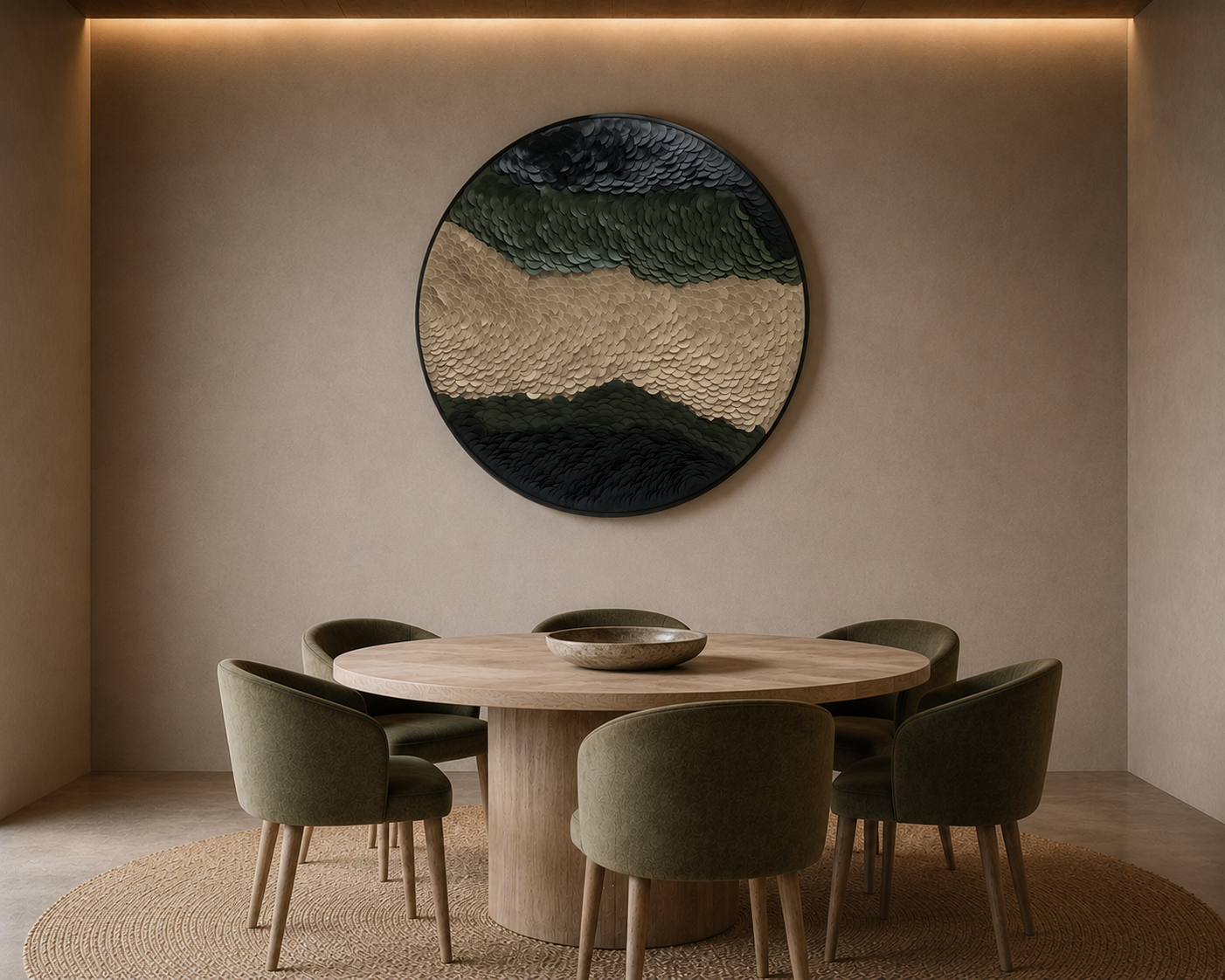 Canopy Scales, a circular artwork formed from overlapping white and green scales