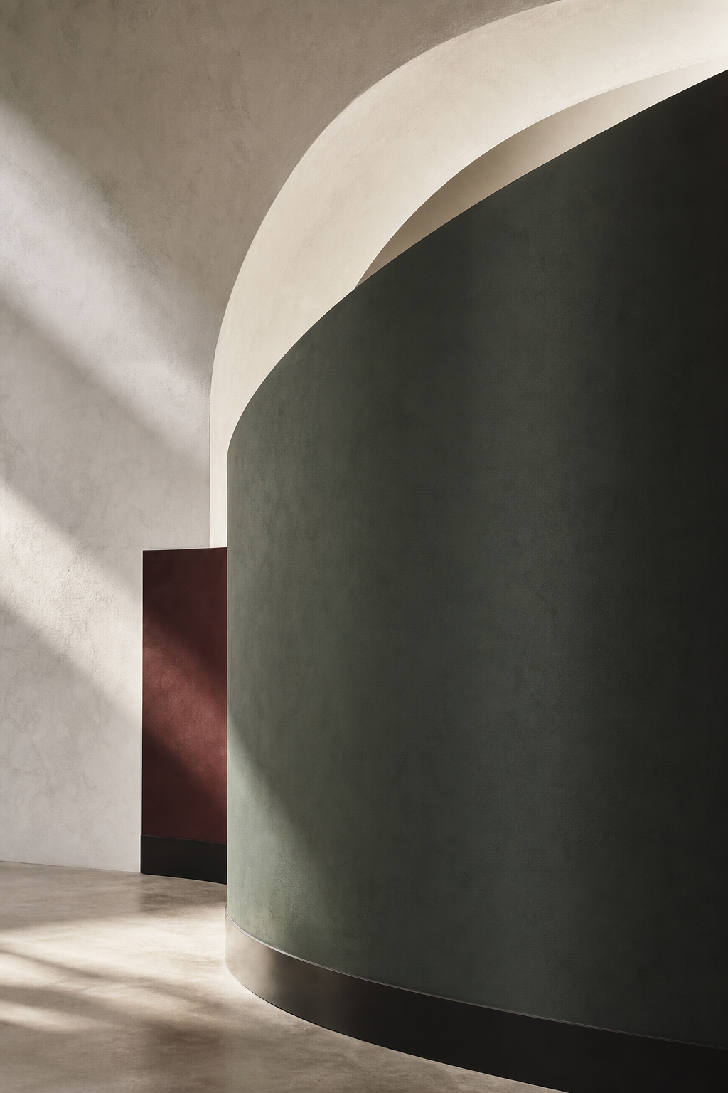 A confident forest-green architectural curve framed by chalk and muted oxblood