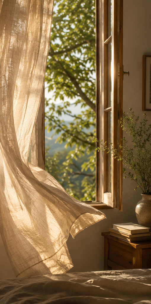 Soft linen curtains moving beside an open window