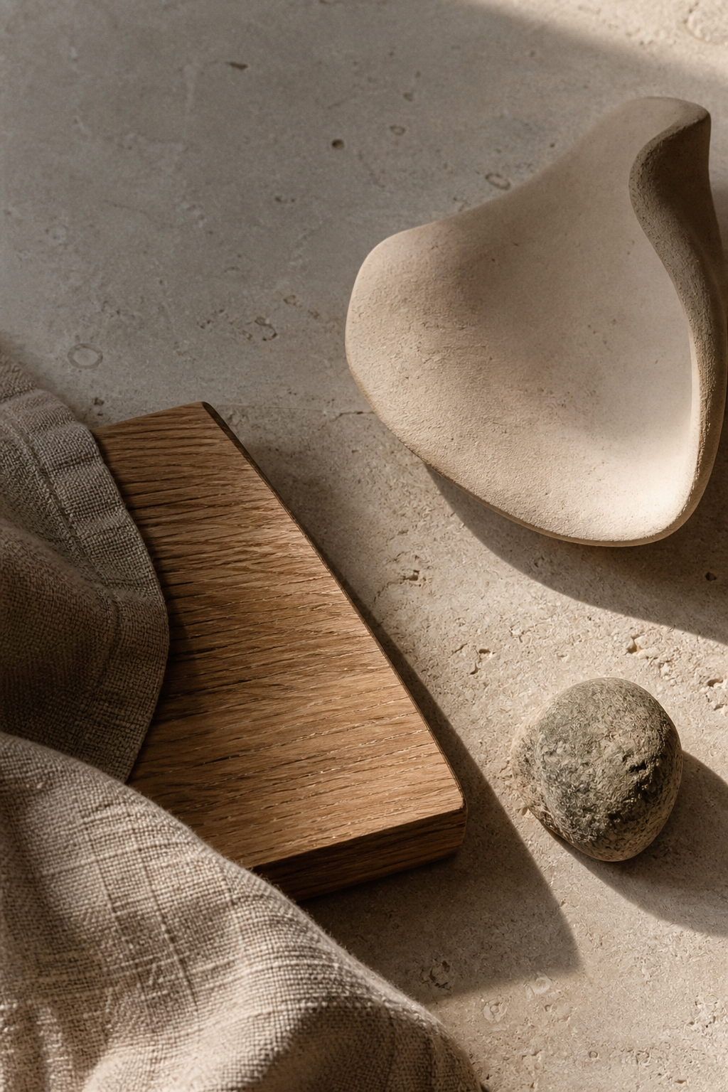 An editorial material study of linen, oak, clay, stone and limestone