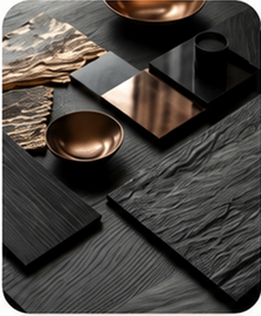 Dark tactile surfaces with softly burnished bronze details